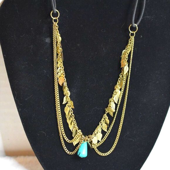 Vintage Southwestern Black Leather Gold Tone Leaf Faux Turquoise Necklace - Picture 1 of 4